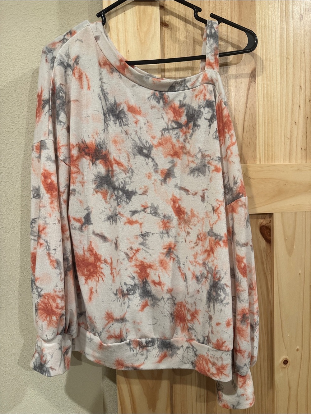 white birch Cream Off-Shoulder Tie-Dye Sweater with pink and Gray
